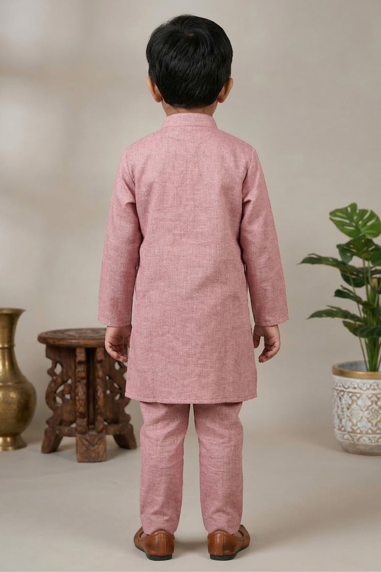 Onion Pink Embroidered Linen Kurta Set For Boys
