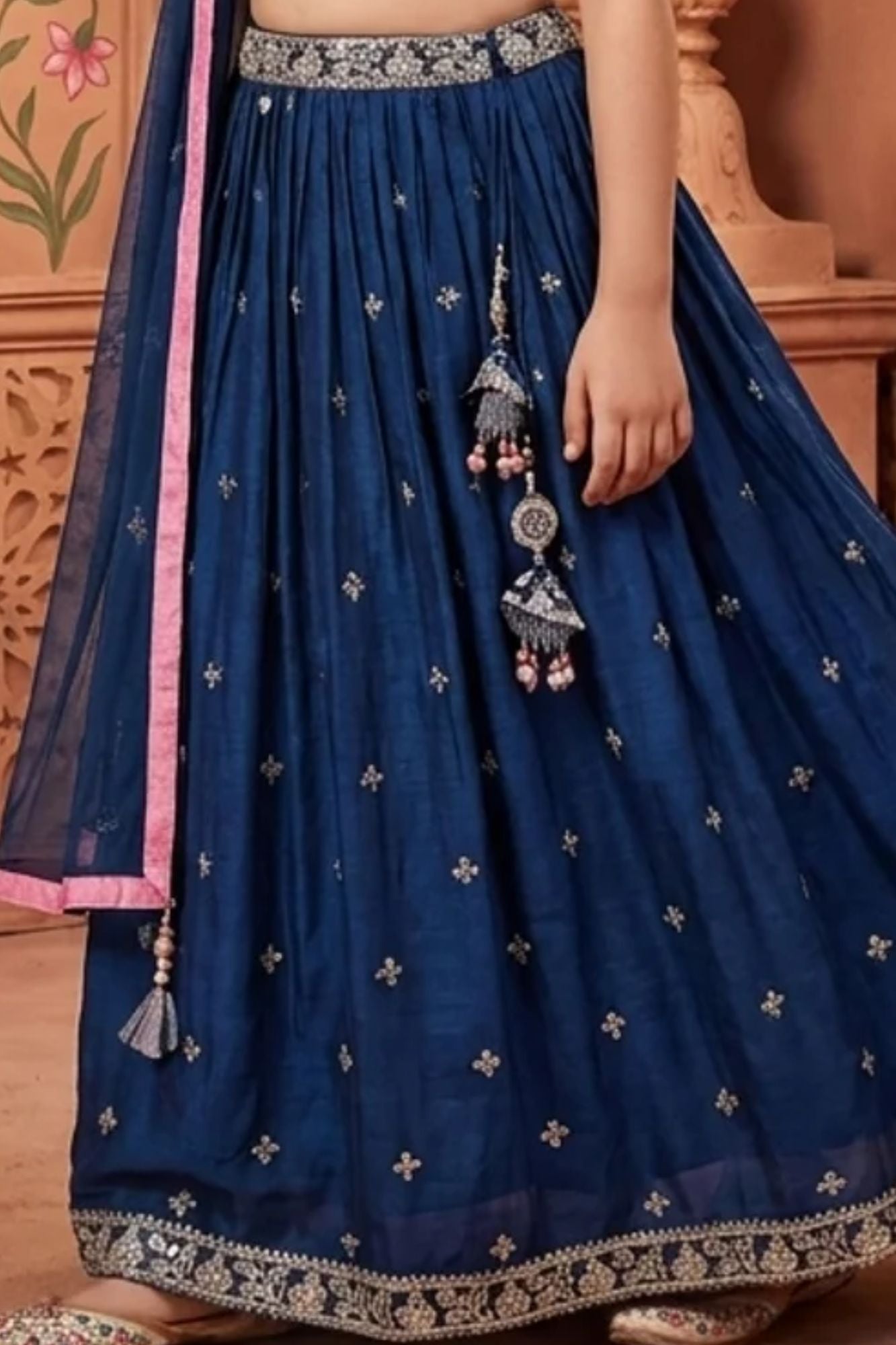 Girls Navy Blue Embroidered Lehenga Choli Set with Net Dupatta