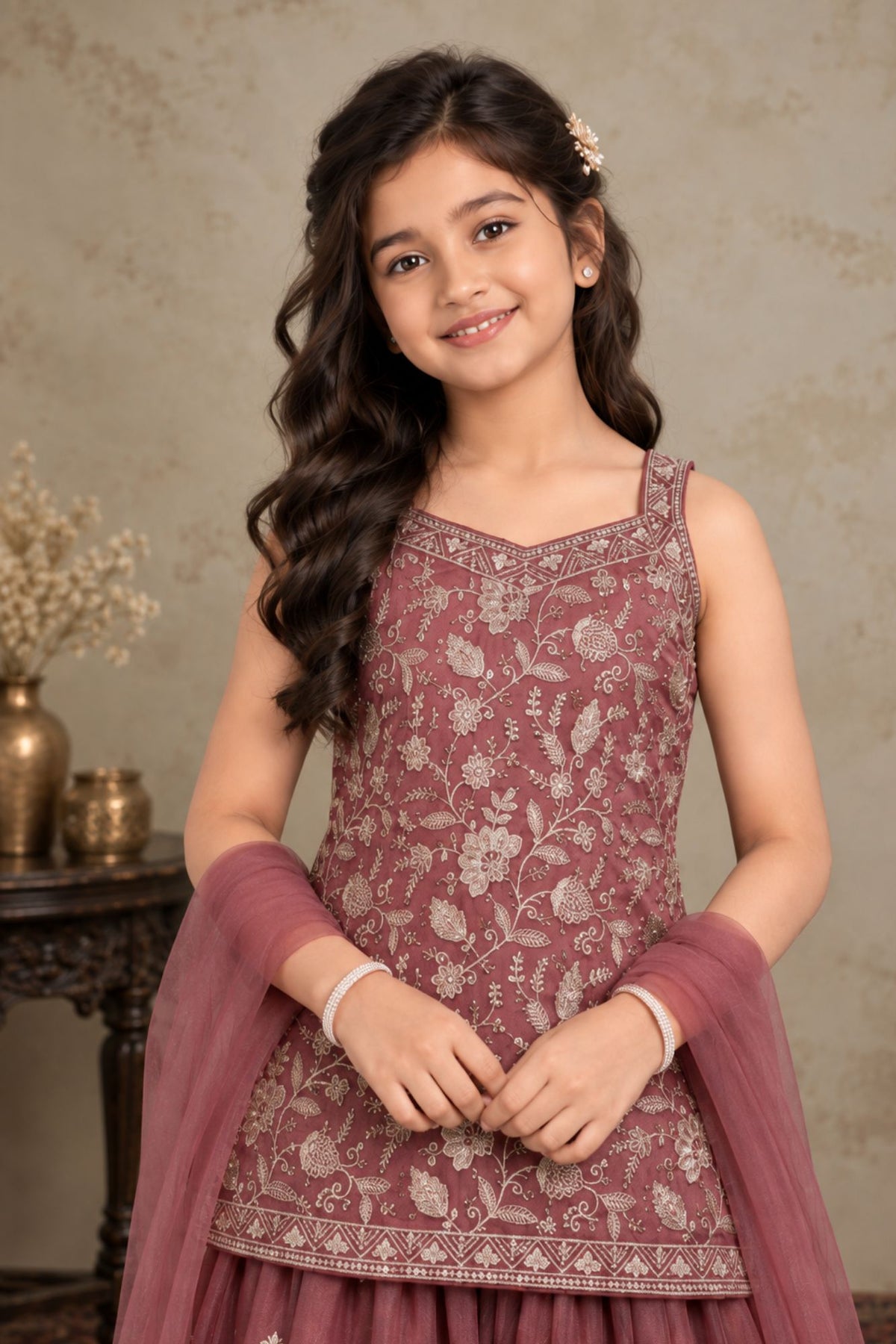 Girls Mauve With Gold Zari Embroidered Palazzo Set with Dupatta