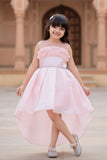 Elegant Peach Embellished High-Low Party Wear Frock with Floral Bodice For Girls