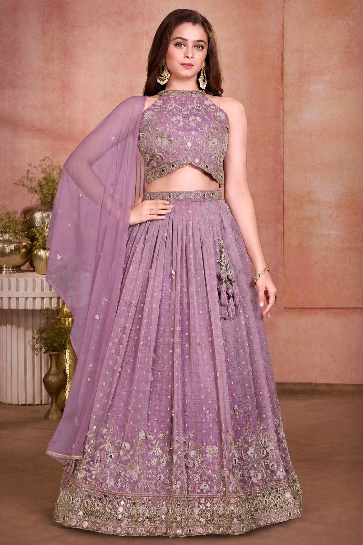 Girls Dusty Purple Mirror Work Floral Embroidered Lehenga Choli Set