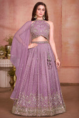 Girls Dusty Purple Mirror Work Floral Embroidered Lehenga Choli Set
