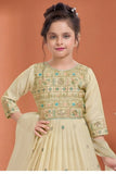 Cream Yellow Embroidered Ethnic Gown with Dupatta For Girls