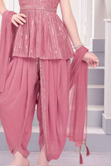 Onion Pink Sequined And Mirror Work Dhoti Set For Girls