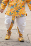 Mustard Yellow Floral Printed Kurta Dhoti Set with Accessories For Boys