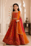 Girls Red and Orange Bandhani Print Lehenga Choli Set with Ombre Dupatta