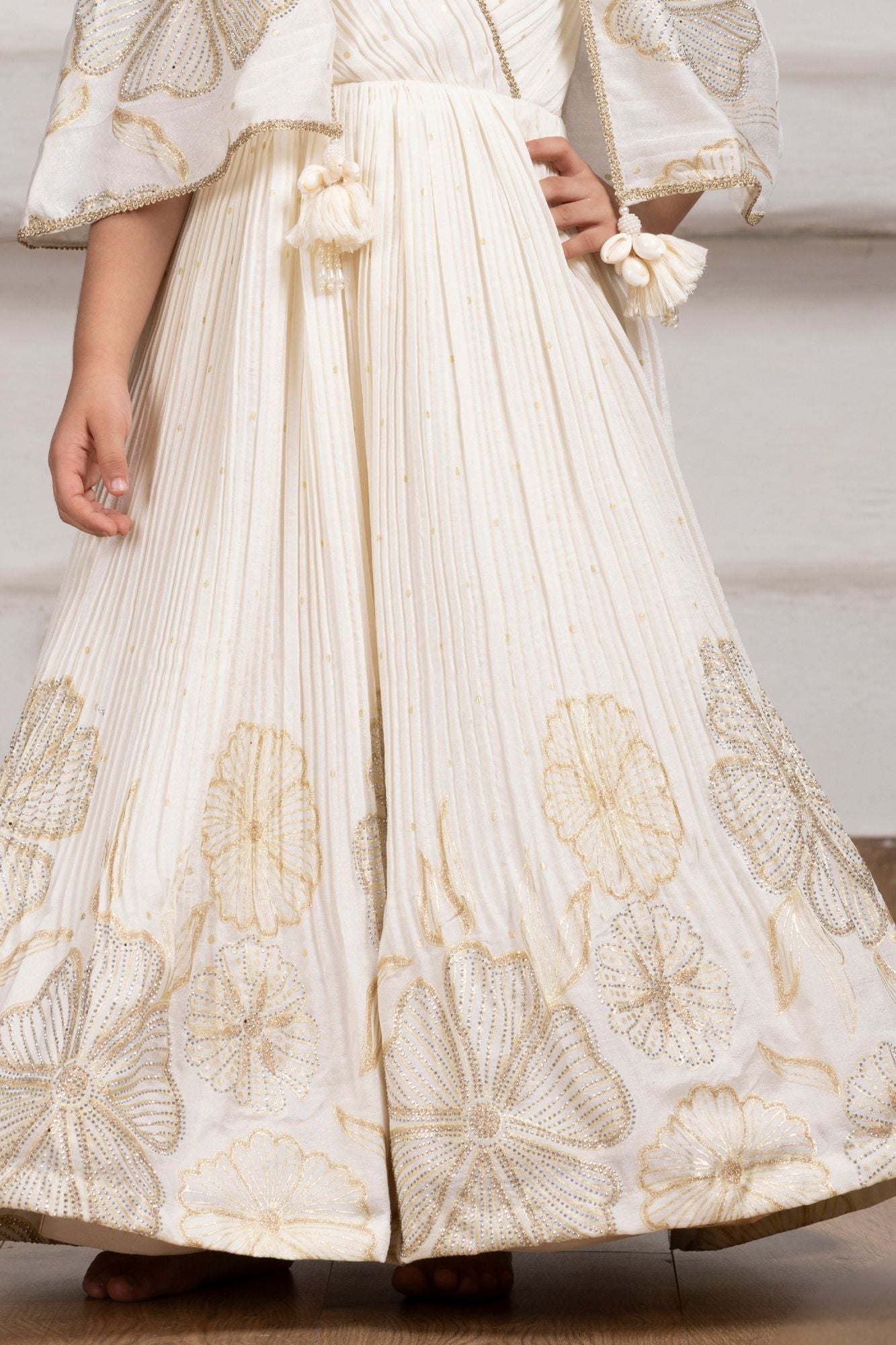 Cream Floral Embroidered Cape Gown for Girls