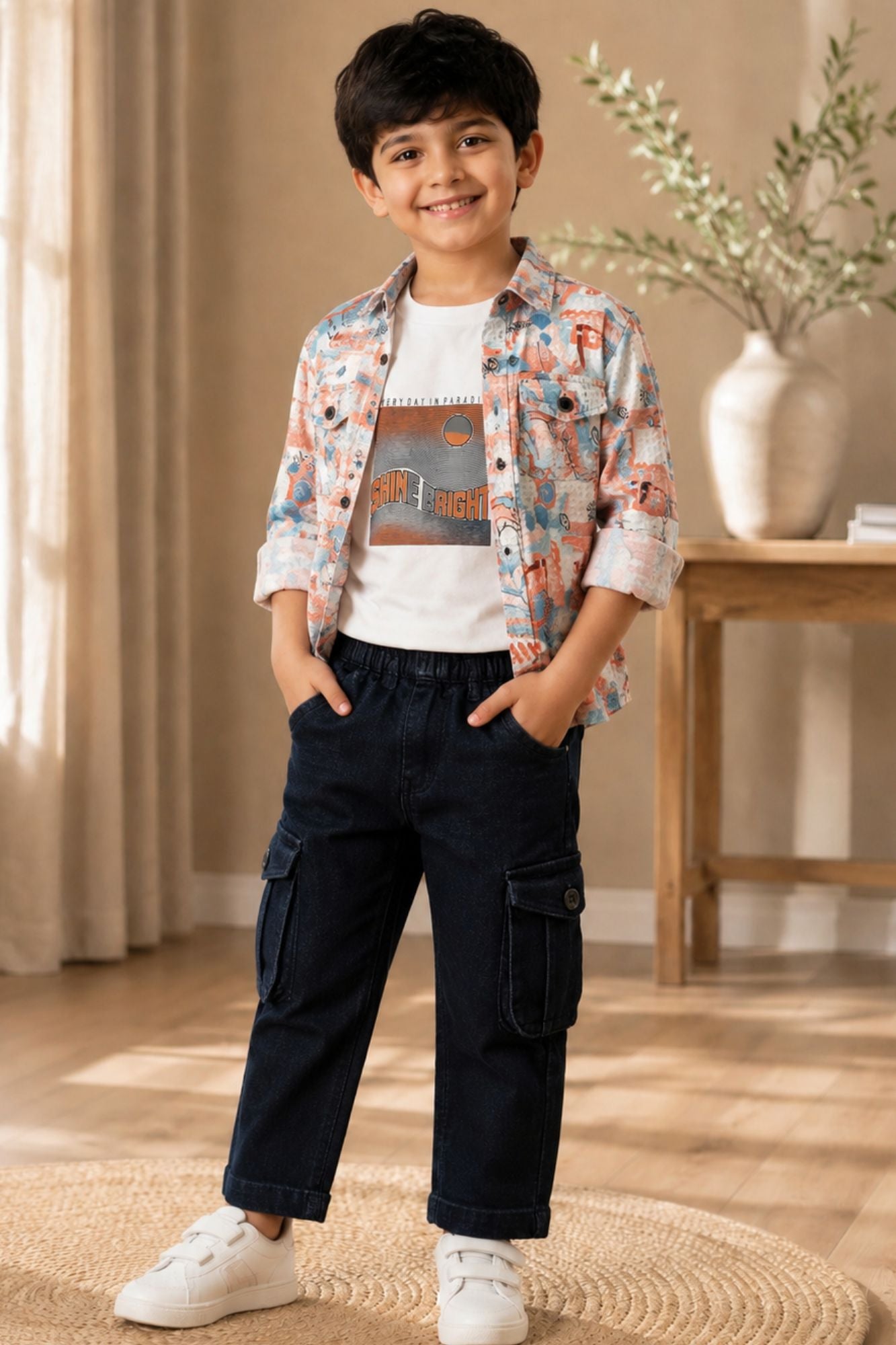 Boys White Graphic T-Shirt with Printed Shirt and Navy Cargo Jeans Set