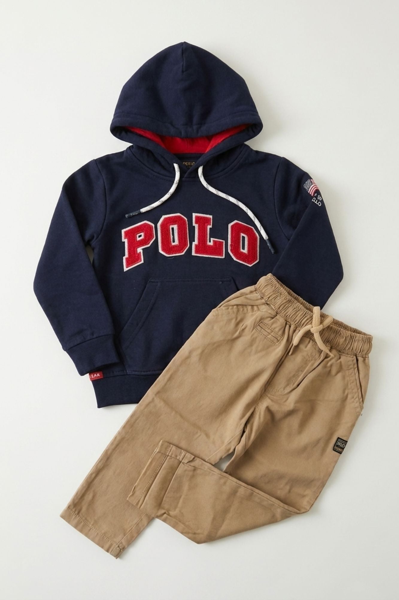Blue Hooded Sweatshirt with Beige Trouser Set