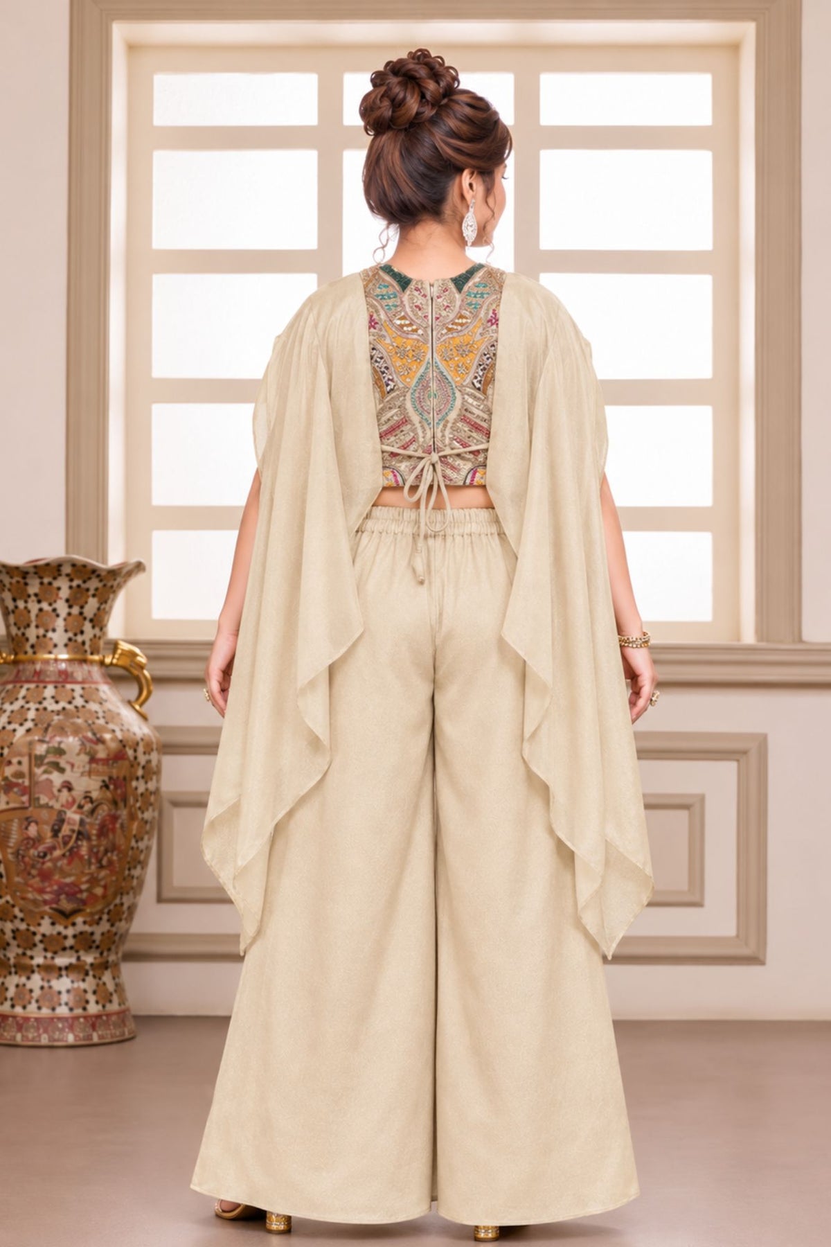 Ivory Multicolour Embroidered Cape Style Top With Wide-Leg Palazzo Set