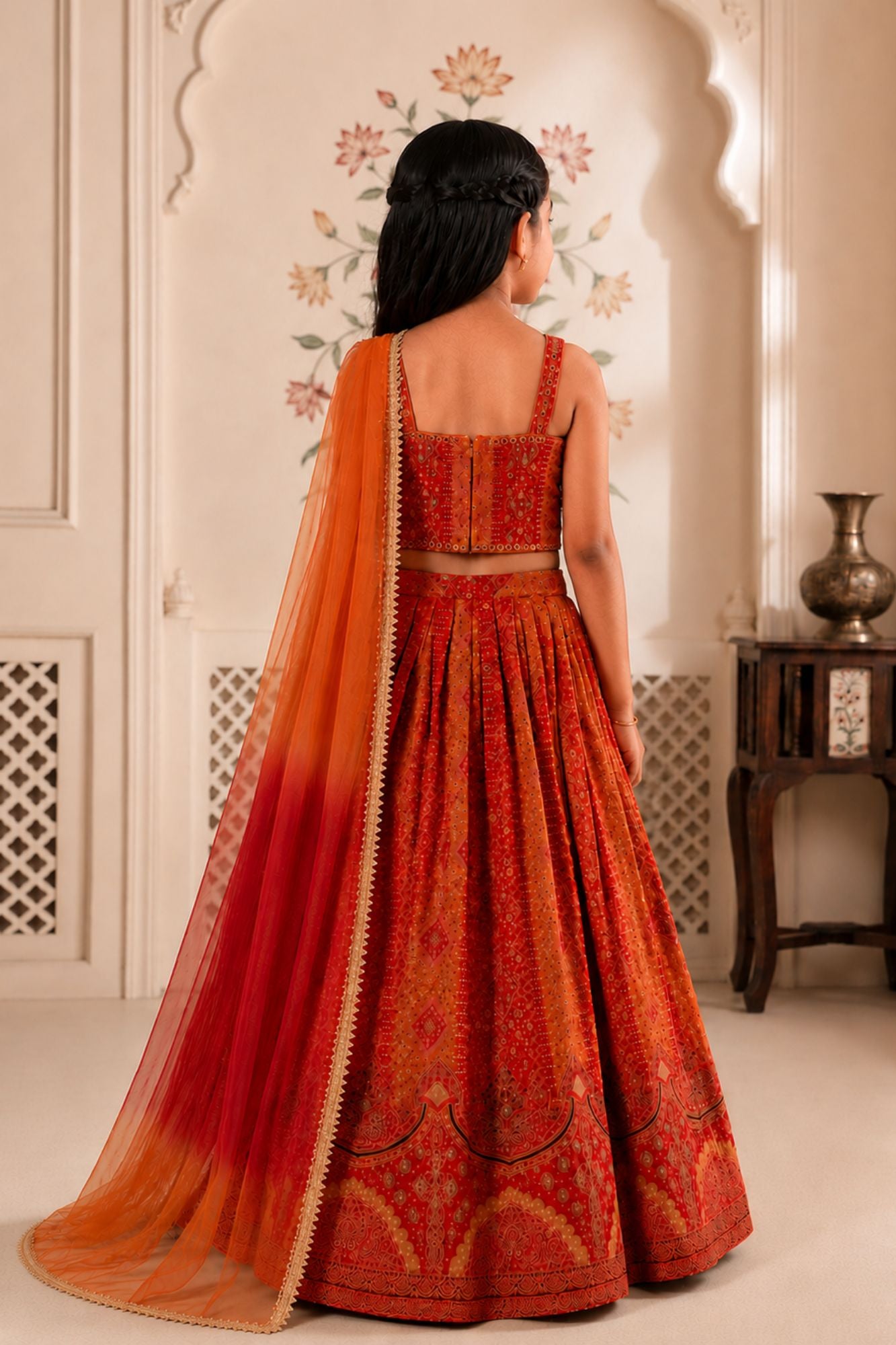 Girls Red and Orange Bandhani Print Lehenga Choli Set with Ombre Dupatta