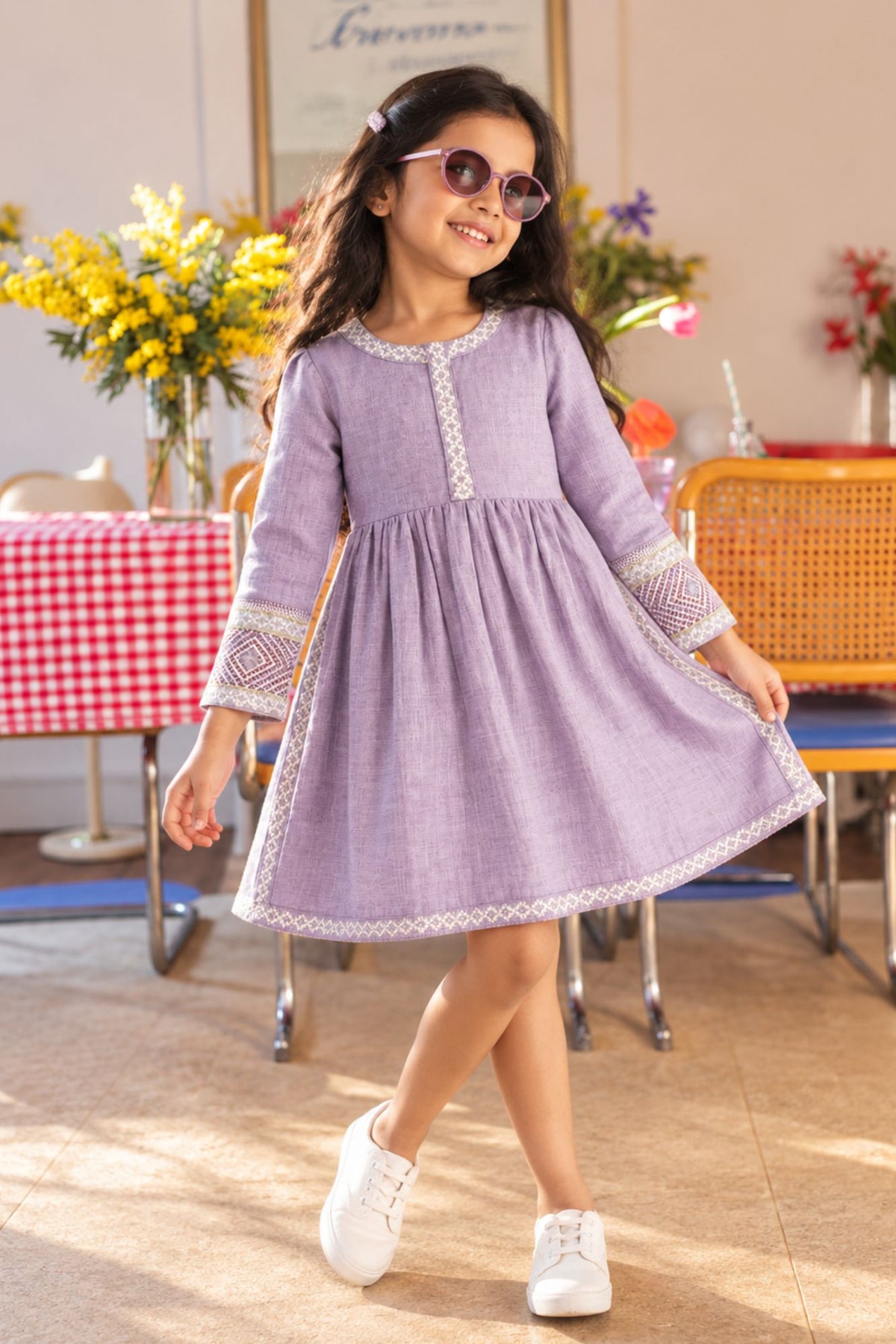 Lavender Textured Cotton Dress with Embroidered Border For Girls