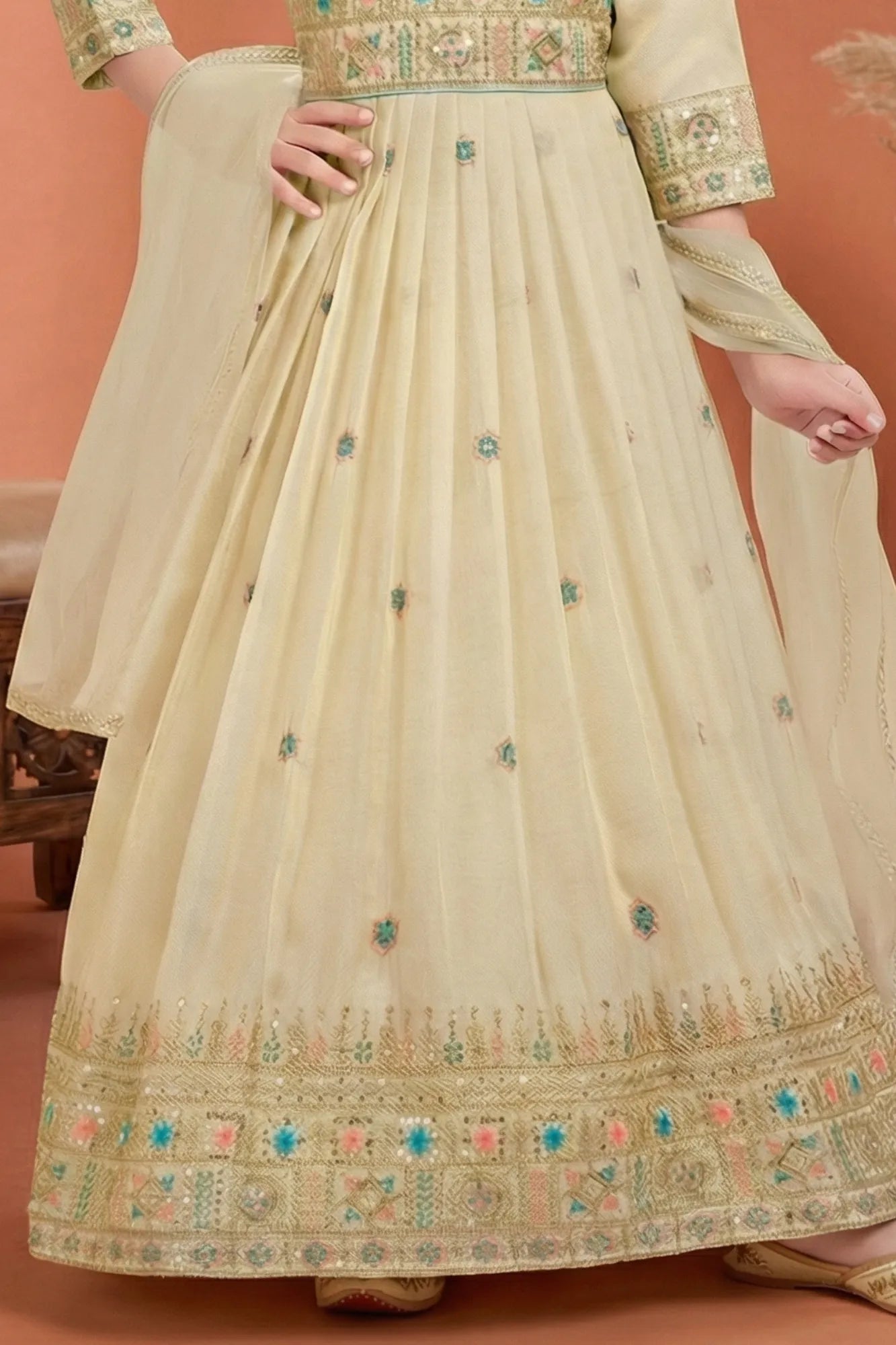 Cream Yellow Embroidered Ethnic Gown with Dupatta For Girls