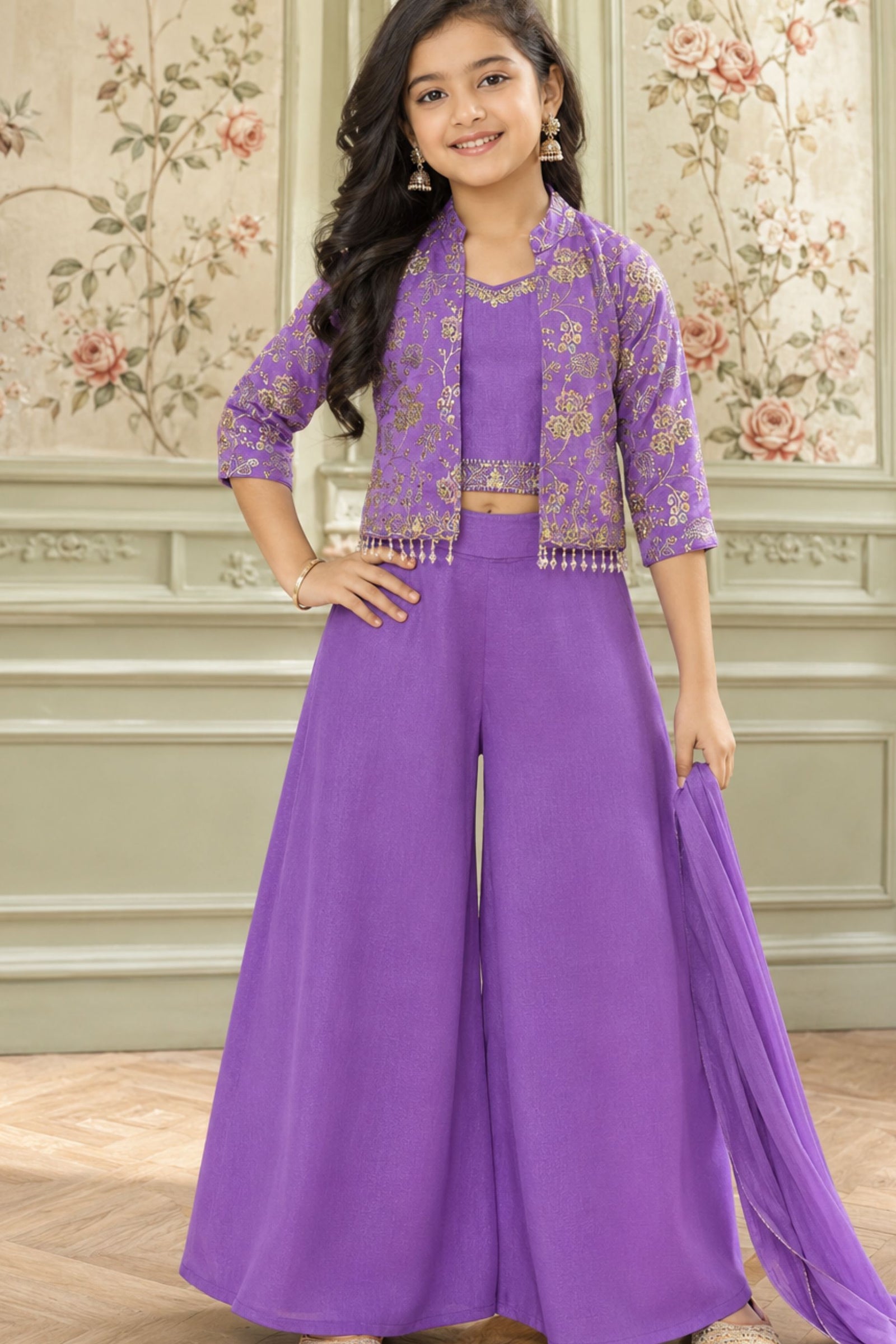 Purple Palazzo Set with Embroidered Jacket For Girls