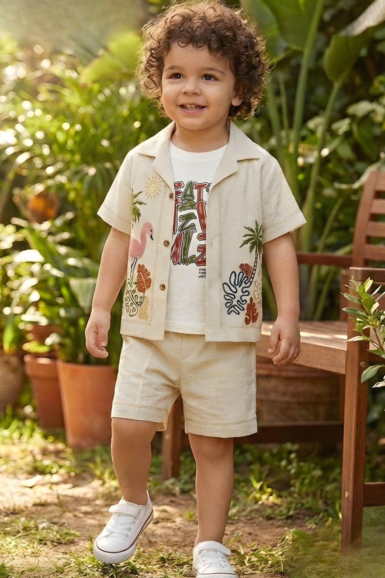 Boys Beige Shorts Set with Tropical Embroidered Shirt And Printed Tee