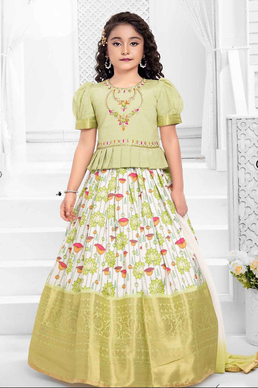 Pista And Cream Silk Pattu Pavadai With Gold Foil Print For Girls