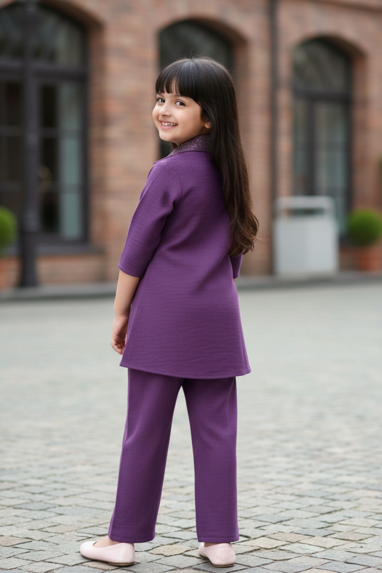 Purple Casual Top With Matching Straight Pant Set For Girls