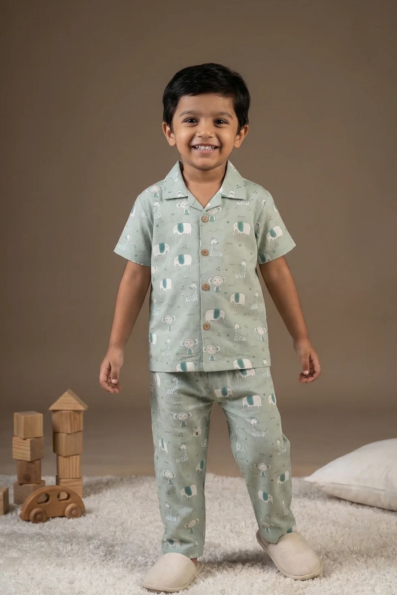 Green Animal Print Cotton Night Suit Set For Boys