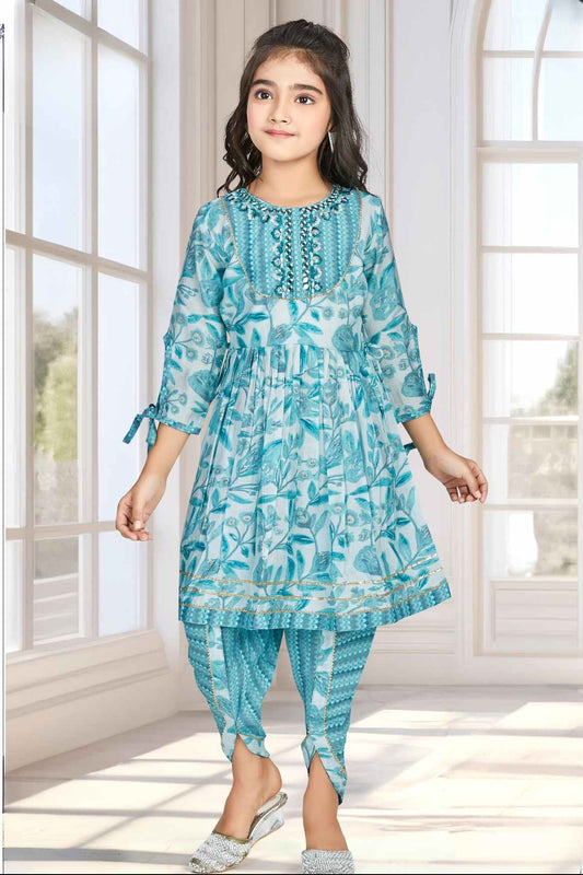 Blue 3/4th Sleeves With Floral Printed And Mirror Work Dhoti Set For Girls