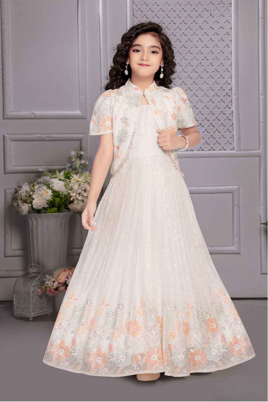 Cream Sequins And Embroidery Gown With Overcoat For Girls