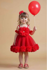 Red Sleeveless And Floral Embellished With Pearls Work Frock For Girls