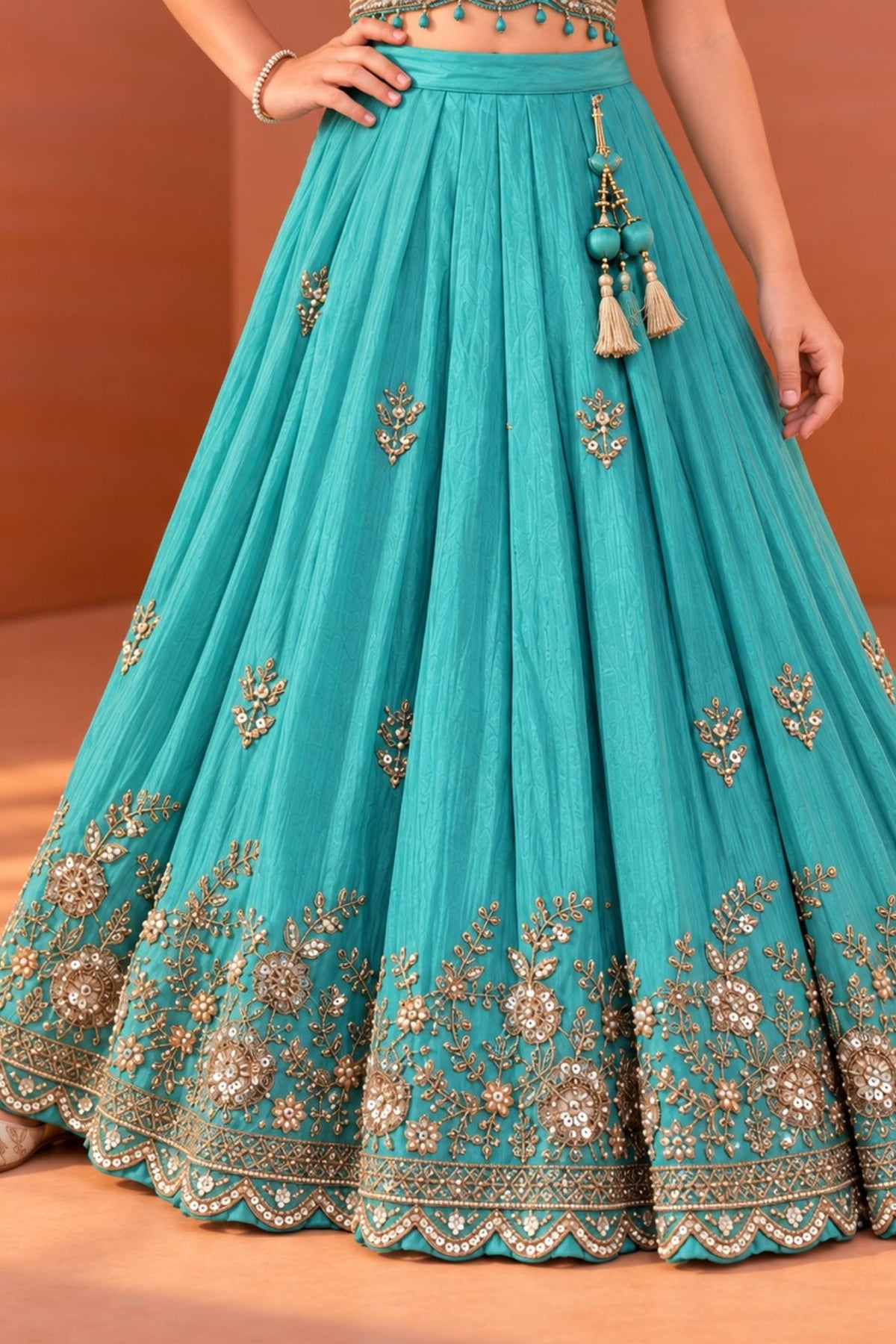 Girls Turquoise Blue Embroidered Lehenga Choli Set