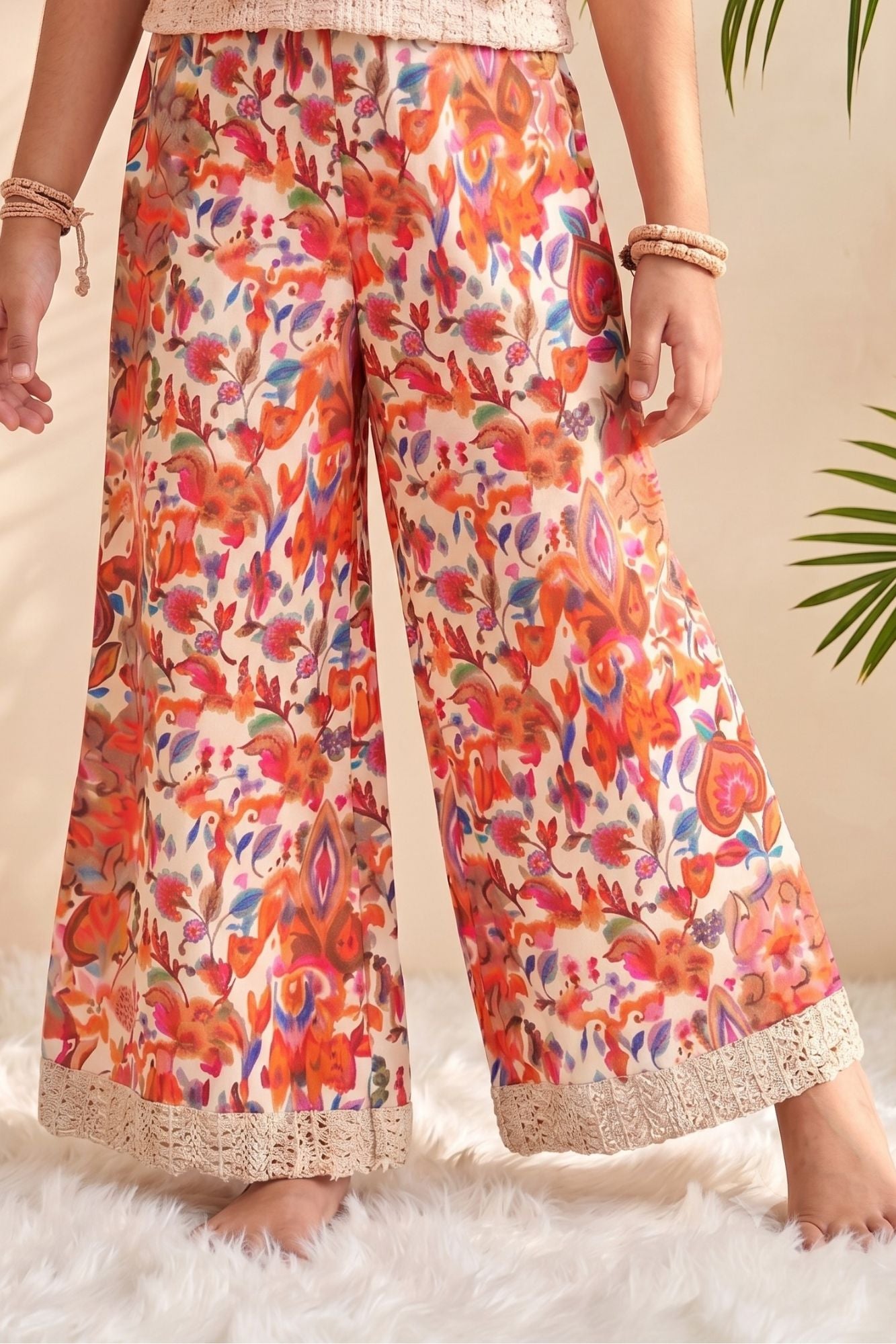 Off White Crochet Top with Multicolor Floral Printed Wide-Leg Culottes Co-Ord Set for Girls