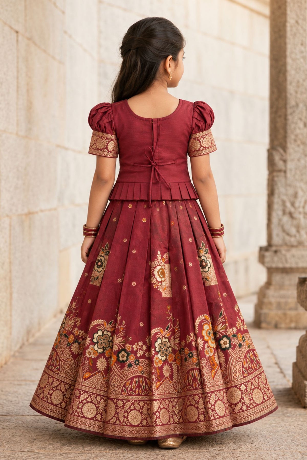 Maroon Zari Woven Pattu Pavadai Set With  Puff Sleeves For Girls