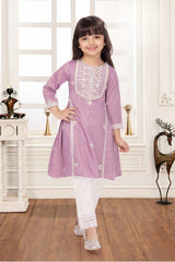 Onion Pink Embroidered And Sequin Straight Kurta And Pant Set For Girls