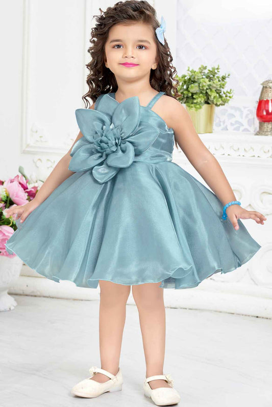 Blue Organza Frock With Floral Embellished For Girls