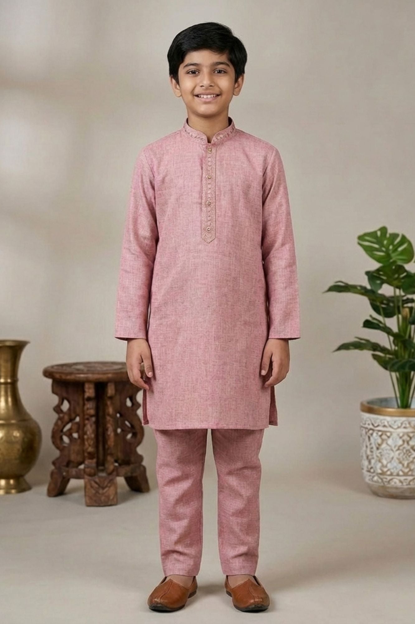 Onion Pink Embroidered Linen Kurta Set For Boys