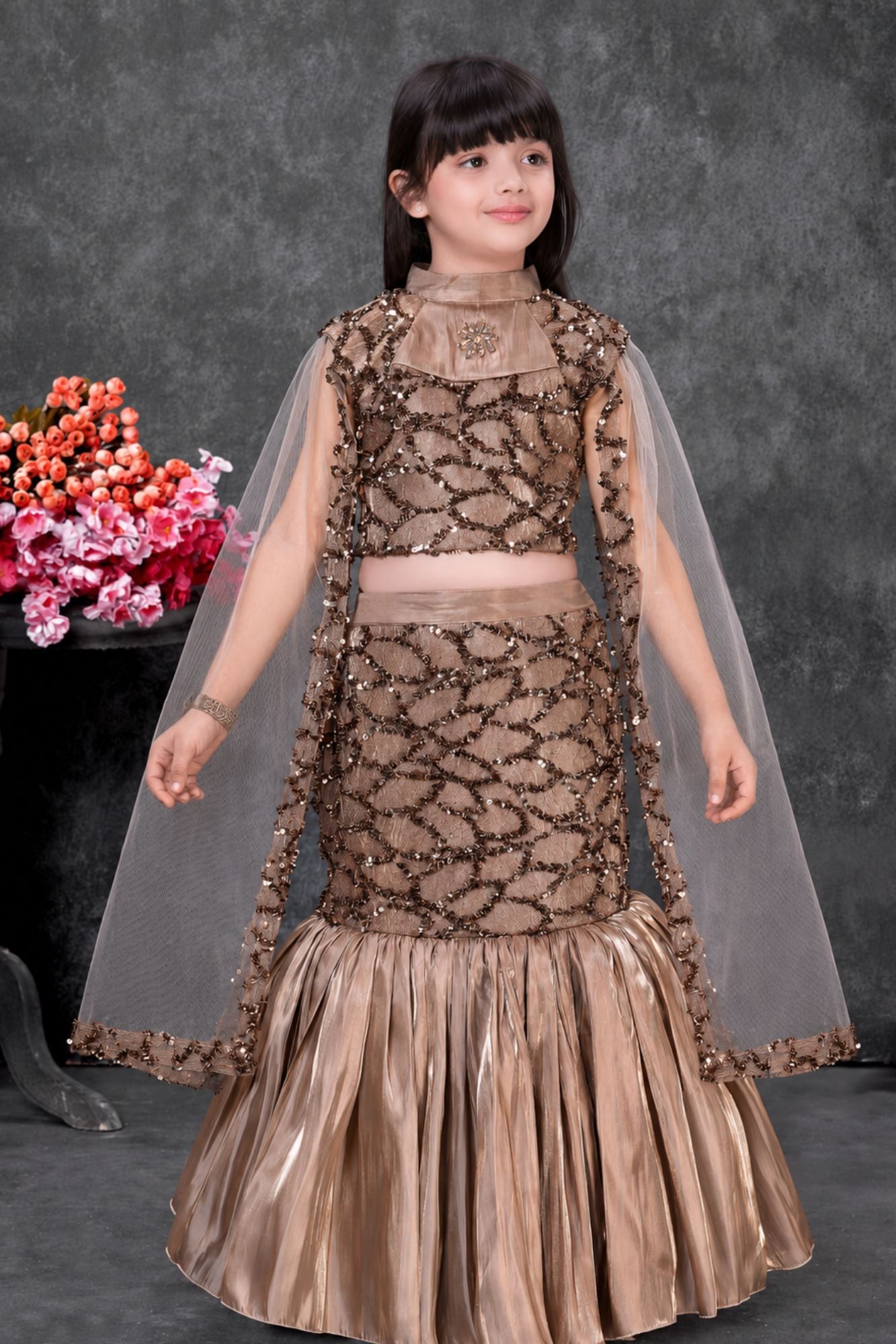Gold Embellished Lehenga Choli for Girls