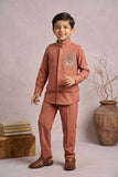 Coral Embroidered Kurta Set With Mandarin Collar For Boys