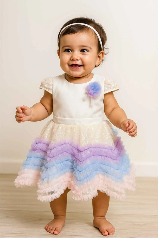 Pastel Rainbow Ruffle Party Wear Frock for Girls