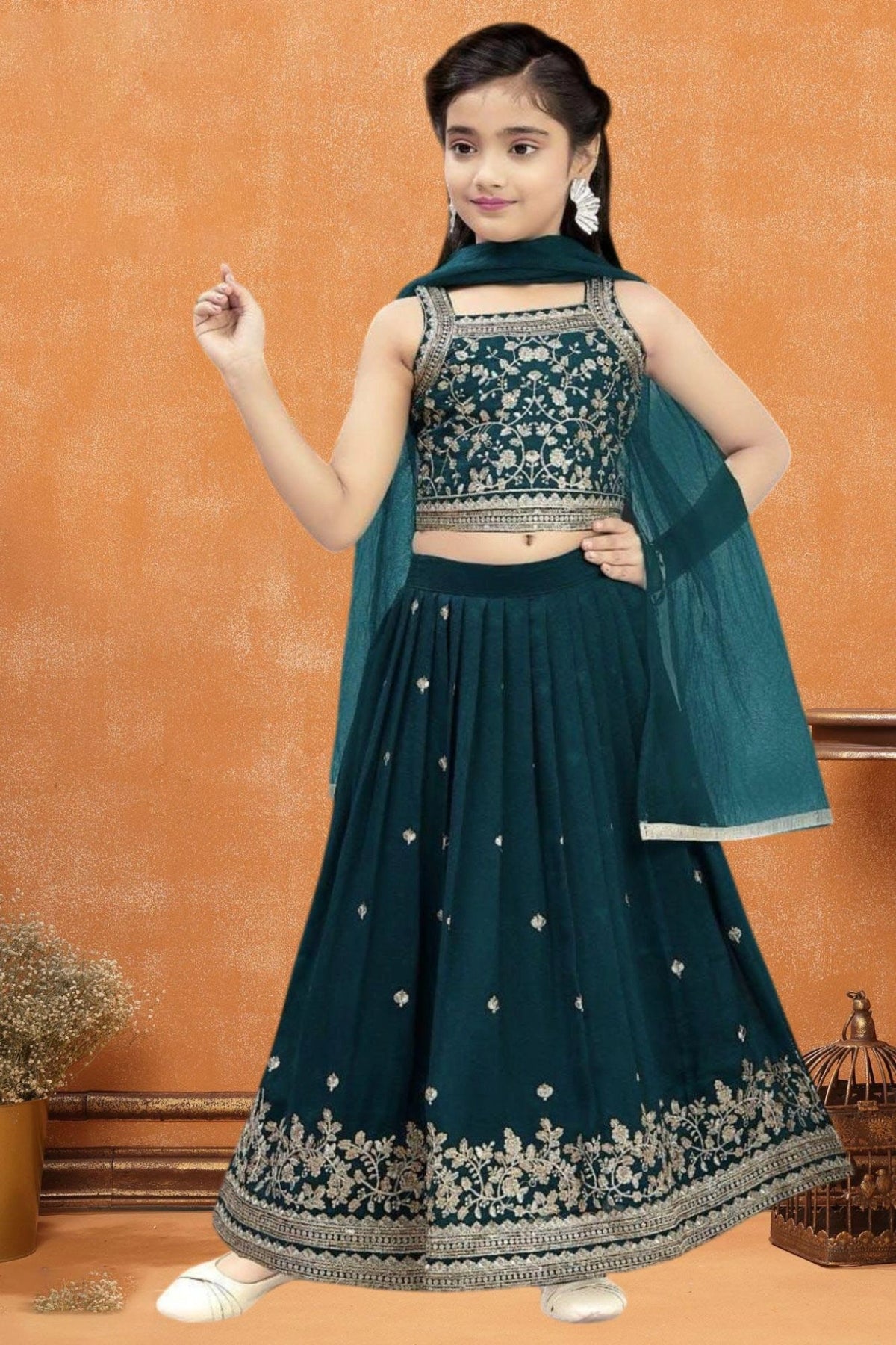 Bottle Green Embroidered Lehenga Choli with Dupatta For Girls