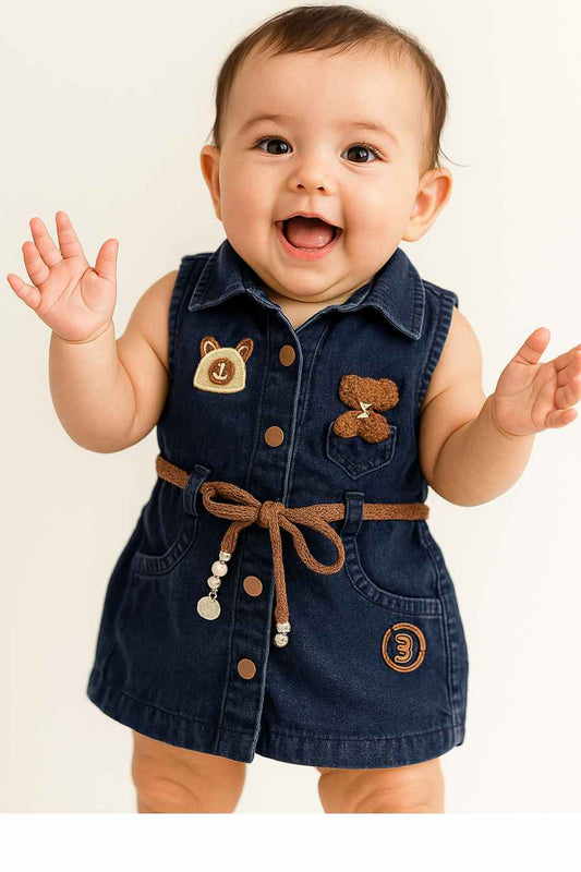 Dark Denim Sleeveless Dress With Bear Appliqué And Rope Belt For Girls