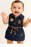 Dark Denim Sleeveless Dress With Bear Appliqué And Rope Belt For Girls