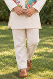 Beige Kurta Set With Floral Printed Nehru Jacket For Boys