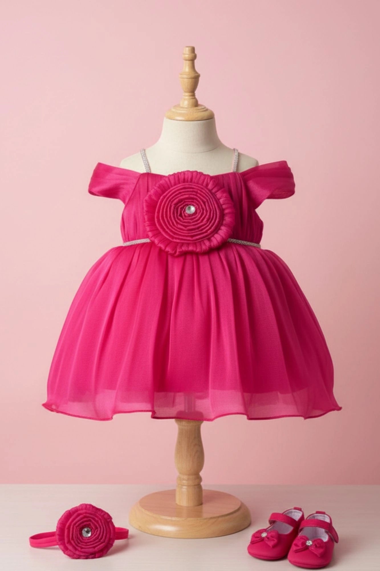 Pink Party Frock with Pleated Flower Appliqué and Shimmer Finish For Girls