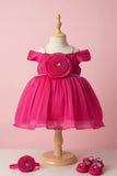 Pink Party Frock with Pleated Flower Appliqué and Shimmer Finish For Girls