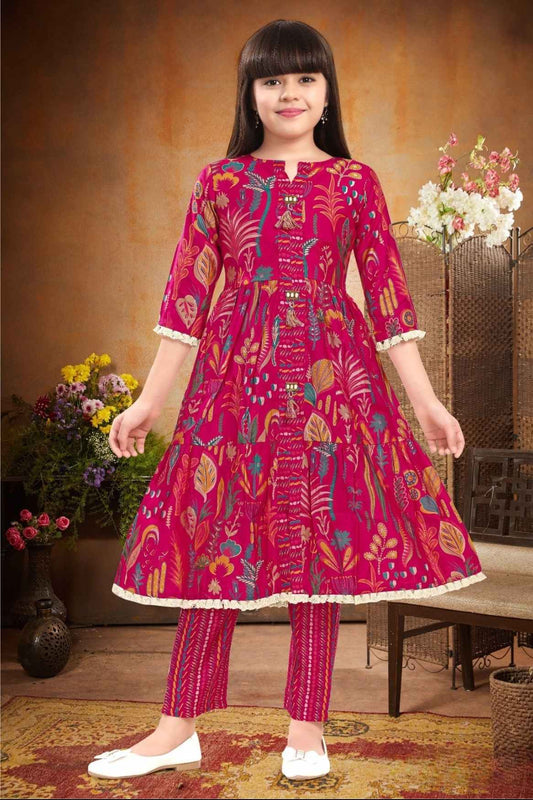 Rani Pink Floral Printed Kurta With Pant Set For Girls