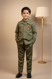 Olive Green Festive Kurta Pyjama Set with Jacket For Boys