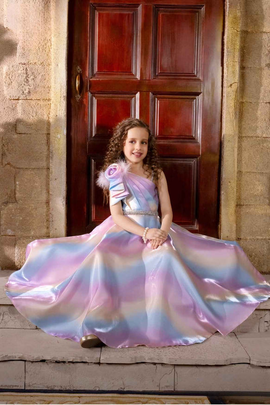 Multicolor Gown Embellished With Floral And Stone Waist Band For Girls