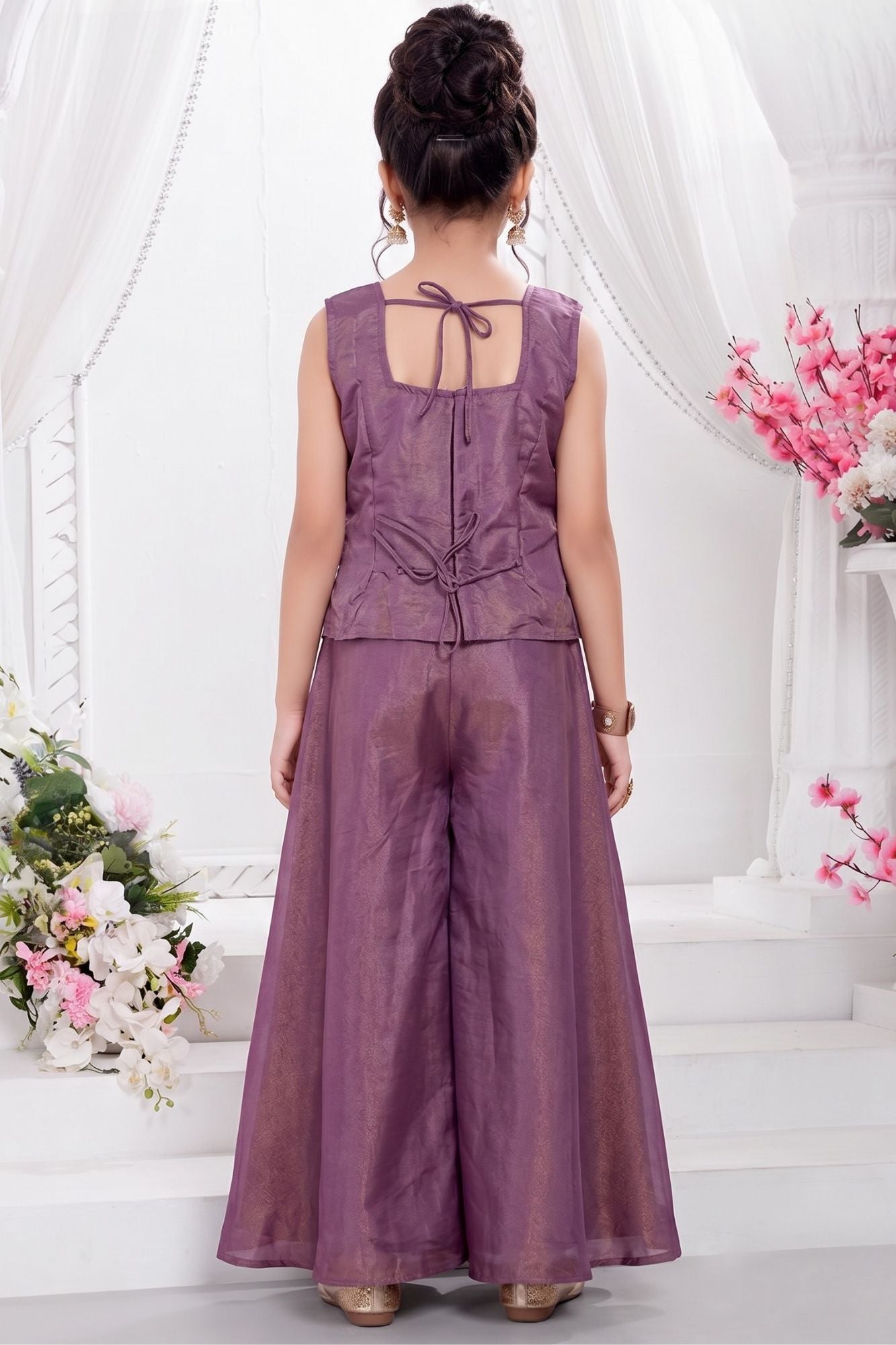 Wine Embroidered Palazzo Set with Dupatta for Girls