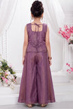 Wine Embroidered Palazzo Set with Dupatta for Girls