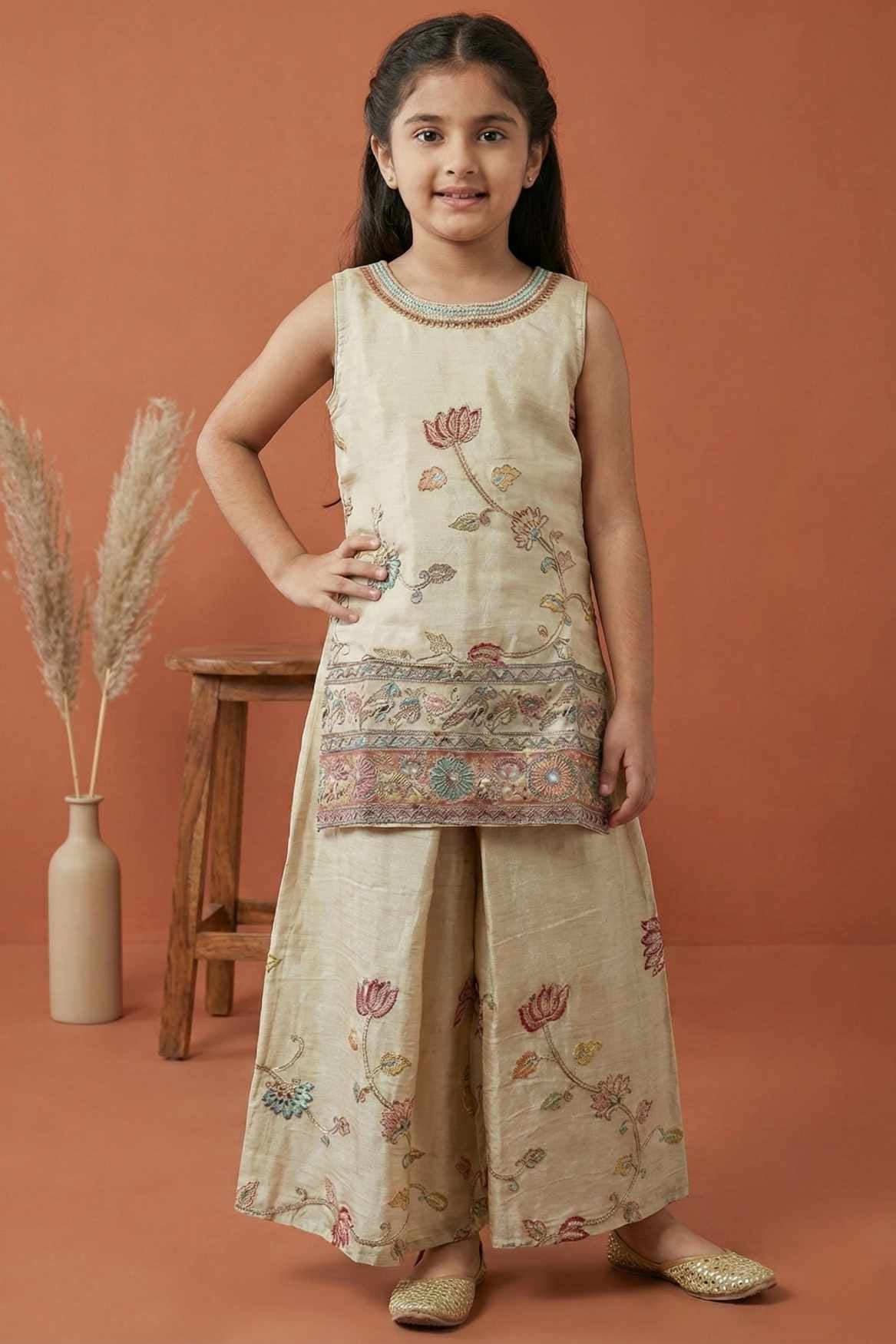 Cream Ethnic Palazzo Set with Multicolor Embroidery for Girls