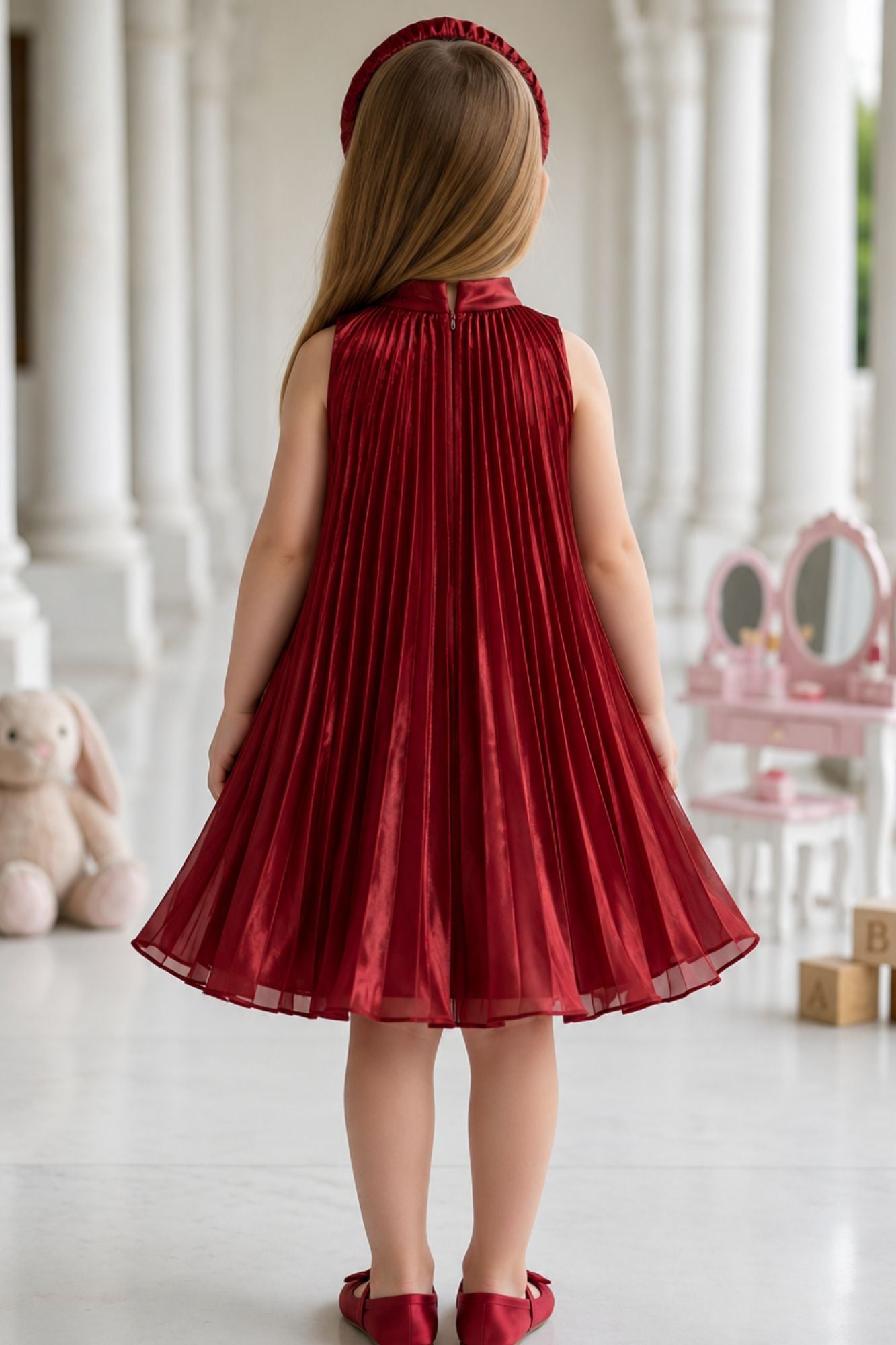 Maroon Pleated Party Wear Frock for Girls