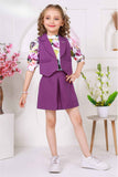 Purple Waist Coat And Skirt With Floral Printed Top Set For Girls