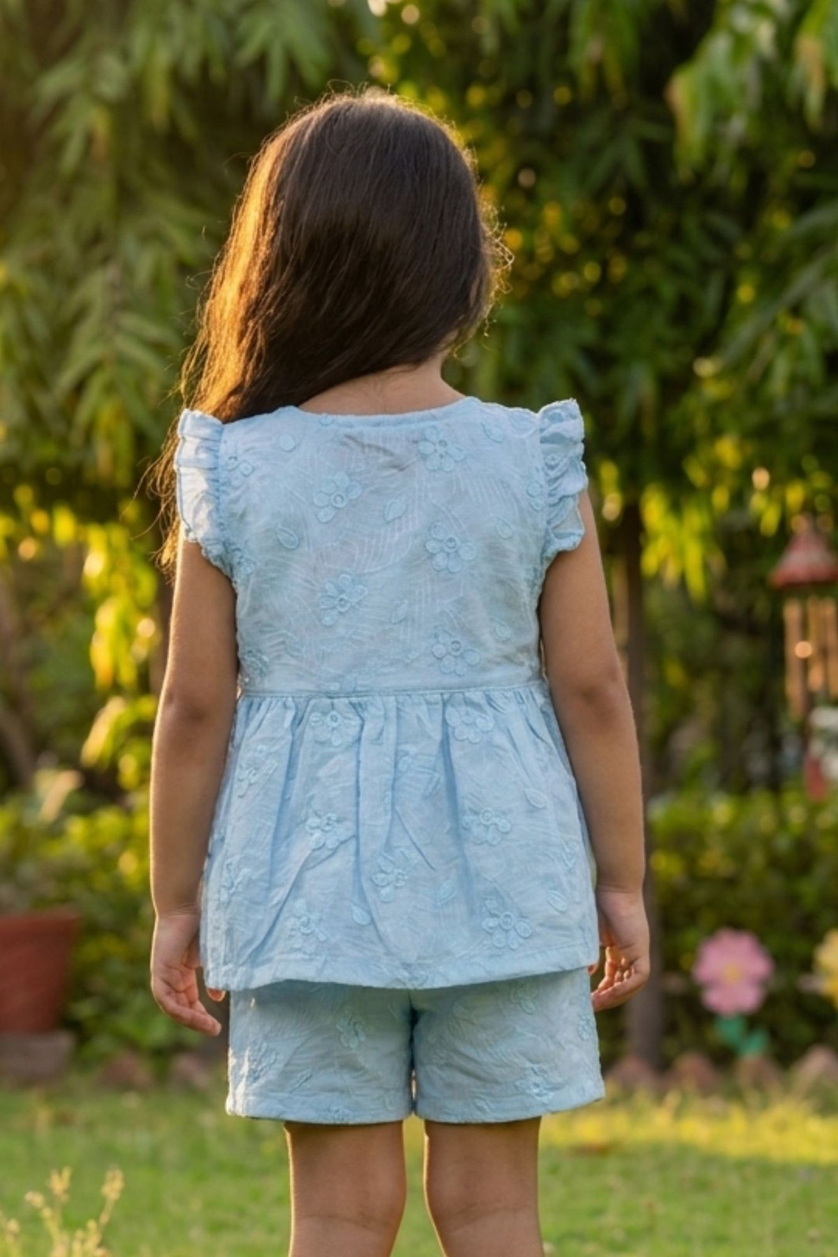 Charming Girls Sky Blue Textured Top & Shorts Set with Ruffle Details