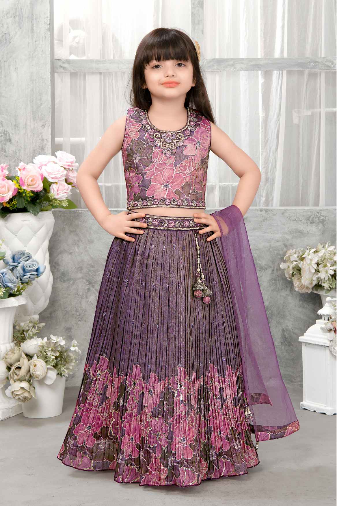 Lavender And Pink Floral Embroidered Lehenga Choli Set With Sequin Detailing For Girls